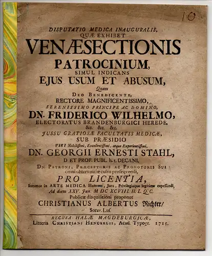 Richter, Christian Albert: aus Sorau: Medizinische Inaugural-Dissertation. Venaesectionis Patrocinium, simuli indicans ejus et abusum. 