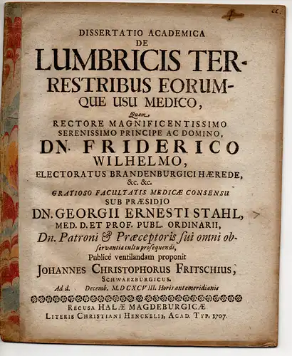 Fritsche, Johann Christoph: aus Schwarzburg: Medizinische Dissertation. De Lumbricis Terrestribus Eorumque Usu Medico. 