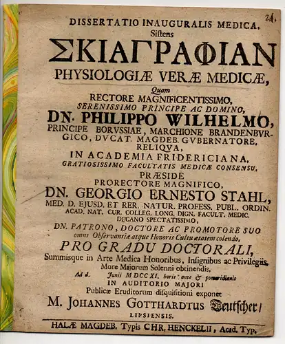 Teutscher, Johann Gotthard: aus Leipzig: Medizinische Inaugural-Dissertation. Skiagraphian Physiologiae Verae Medicae. 