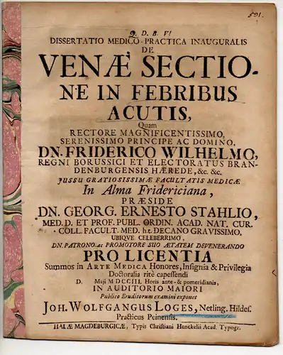 Loges, Johann Wolfgang: aus Nettlingen: Medizinische Inaugural-Dissertation. Venae Sectione in Febribus Acutis. 