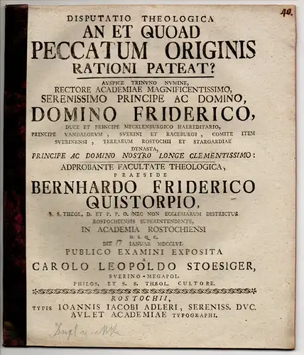 Stoesiger, Karl Leopold: aus Schwerin: Theologische Disputation. An et quoad peccatum originis rationi pateat?. 