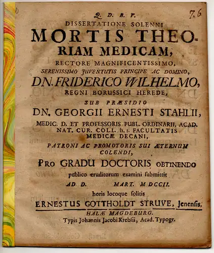 Struve, Ernst Gotthold: aus Jena: Medizinische Dissertation. Mortis Theoriam Medicam. 