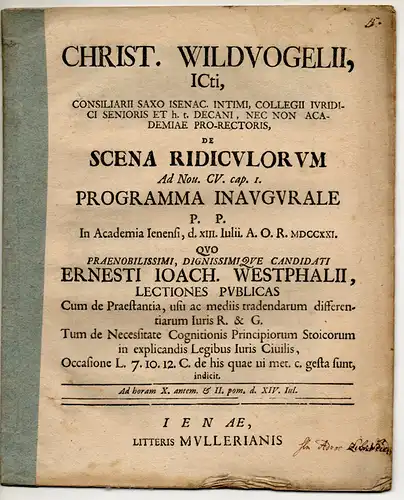 Wildvogel, Christian: Scena ridiculorum ad Nov. CV. cap. 1. Promotionsankündigung von Ernst Joachim Westphal aus Schwerrin. 