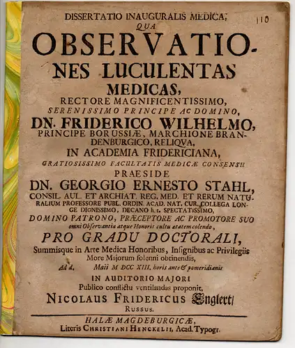 Englert, Nicolaus Friedrich: aus Russland: Medizinische Inaugural-Dissertation. Observationes luculentas medicas. 