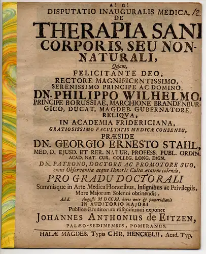 Eitzen, Johann Anton von: aus Stettin: Medizinische Inaugural-Disputation. De Therapia Sani Corporis, Seu Non-Naturali. 