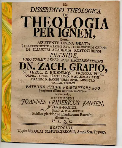 Jansen, Johann Friedrich: aus Jever: Theologische Dissertation. De Theologia Per Ignem. 