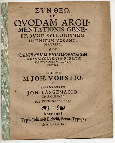 Langemack, Johann: aus Kiel: De Quodam Argumentationis Genere, Quod Syllogismum Infinitum Vocant, Diatriba. 