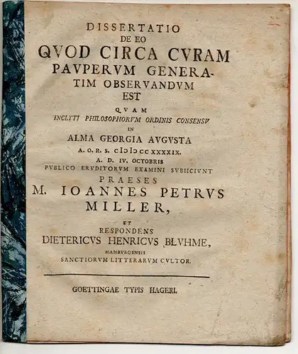 Bluhme, Dietrich Heinrich: aus Hamburg: Juristische Dissertation. De eo quod circa curam pauperum generatim observandum est. 