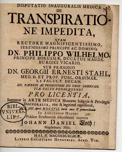 Loth, Johannes Daniel: aus Magdeborn: Medizinische Inaugural-Disputation. De Transpiratione Impedita. 