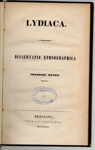 Menke, Theodor: aus Bremen: Lydiaca : dissertatio ethnographica. 