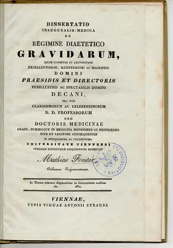 Forster, Mathias: De regimine diaetetico gravidarum. Dissertation. 