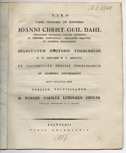 Ziegler, Werner Carl Ludwig: Viro Summe Venerabili Et Doctissimo Ioanni Christ. Guil. Dahl. Promotionsankündigung von Dahl. 