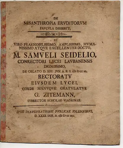 Zitemann, Gottfried: De misanthropia eruditorum paucula disserit. Gratulationsschrift an Samuel Seidel. 