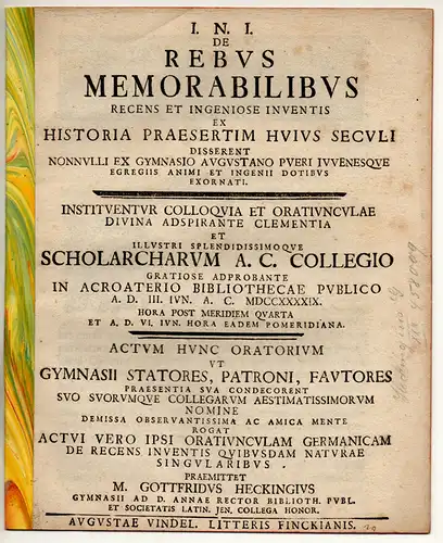 Hecking, Gottfried: De rebus memorabilibus recens et ingeniose inventis ex historia praesertim huius seculi disserent nonnulli ex Gymnasio Augustano pueri iuvenesque. Schulprogramm. 