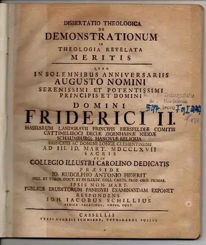 Schill, Johann Jakob: aus Albig: Theologische Dissertation. De demonstrationum in theoligia revelata meritis. 