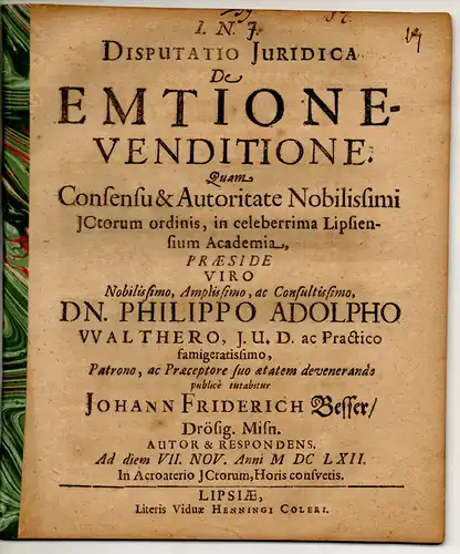 Besser, Johann Friedrich: aus Drösig: Juristische Disputation. De emtione-venditione. 