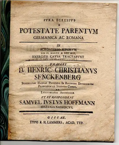 Hoffmann, Samuel Justus: aus Idstein: Iura egressus e potestate parentum Germanica ac Romana. 