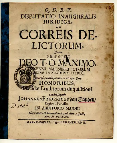 Sanden, Johann Friedrich von: Juristische Inaugural-Disputation. De Correis Delictorum. 