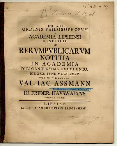 Hauswald, Johann Friedrich: Philosophische Dissertation. De rerum publicarum notitia. 