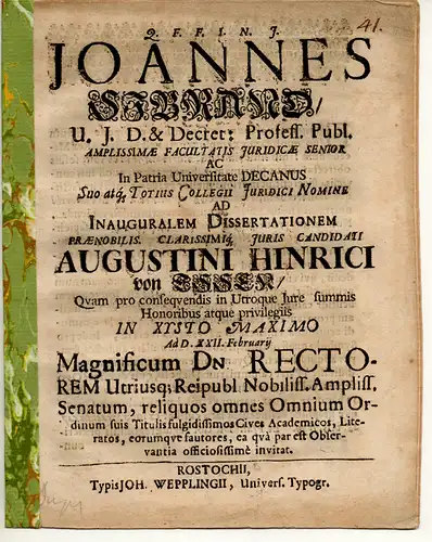 Sibrand, Johann: (De obtrectatione et calumnia). Promotionsankündigung von August Heinrich von Essen. 