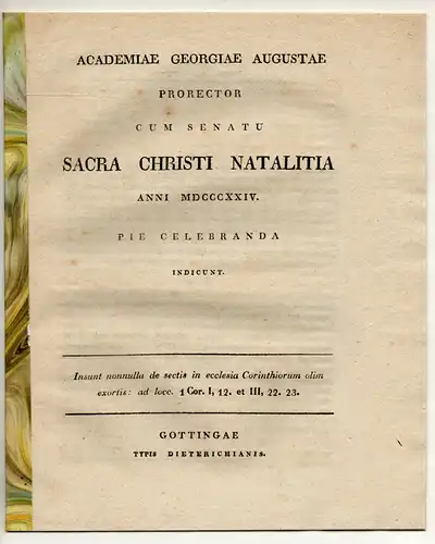 (Pott, David Julius): Nonnulla de sectis in ecclesia Corinthiorum olim exortis, ad locc. Cor. I,12 et III, 22.23. Weihnachtsschrift. 