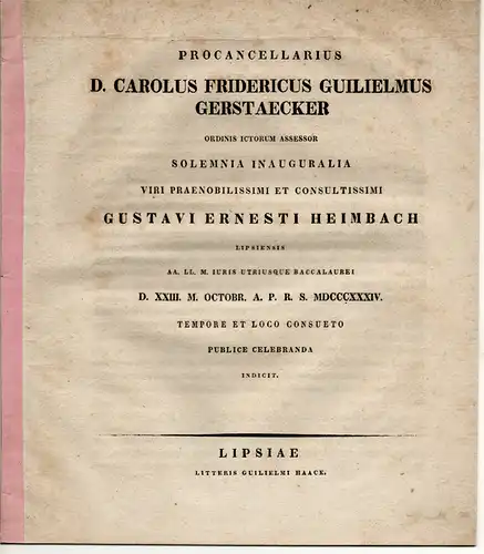 Gerstaecker, Carl Friedrich Wilhelm: Rerum Quotidianarum Fasciculus : Observatio VI - XI. Promotionsankündigung von Gustav Ernst Heimbach aus Leipzig. 