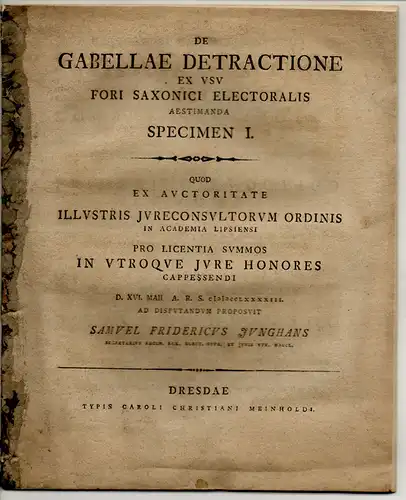 Junghans, Samuel Friedrich: De gabellae detractione ex usu fori Saxonici electoralis aestimanda specimen I. 