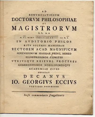 Eck, Johann Georg: Inest Commendatio frugalitatis. Promotionsankündigung. 