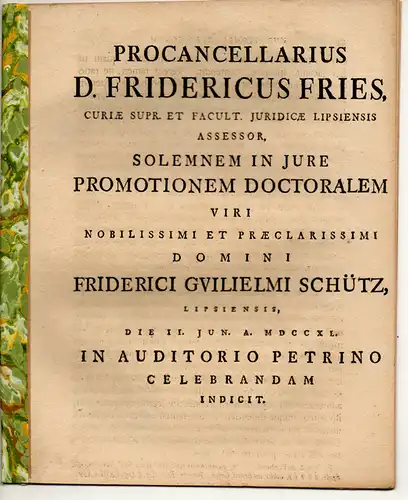 Fries, Friedrich: (De re iudicata). Promotionsankündigung von Friedrich Wilhelm Schütz aus Leipzig. 