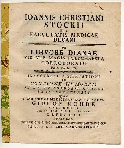 Stock, Johann Christian: De Liquore Dianae Virtute Magis Polychresta Corroborato Prolusio III. Promotionsankündigung von Gideon Rohde aus Bremen. 