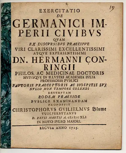 Blume, Christoph Wilhelm: aus Wolfenbüttel: Philosophische Exercitatio. De Germanici Imperii civibus. 