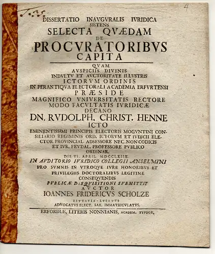 Scholze, Johann Friedrich: aus Zittau: Juristische Inaugural-Dissertation. De procuratoribus capita. 