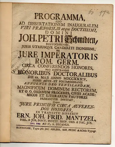 Mantzel, Ernst Johann: Promotionsankündigung für Johann Peter Schmidt aus Rostock. 