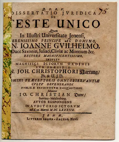 Duve, Johann Christian: aus Schwerin: Juristische Dissertation. De teste unico. 