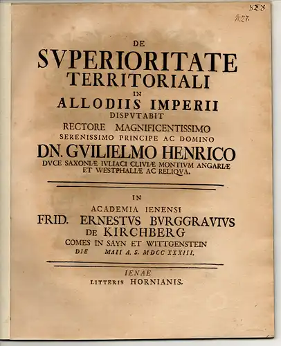 Kirchberg, Friedrich Ernst von: Juristische Dissertation. De superioritate territoriali in allodiis imperii. 