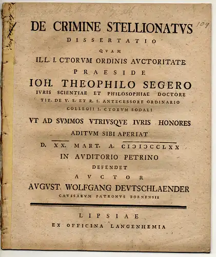 Deutschländer, August Wolfgang: Juristische Dissertation. De crimine stellionatus. 