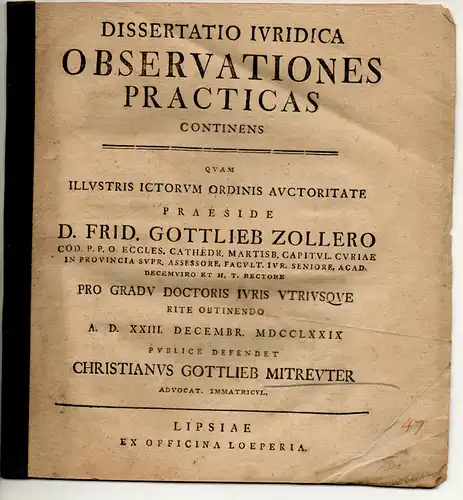 Mitreuter, Christian Gottlieb: aus Leipzig: Juristische Dissertation. Observationes practicas. 