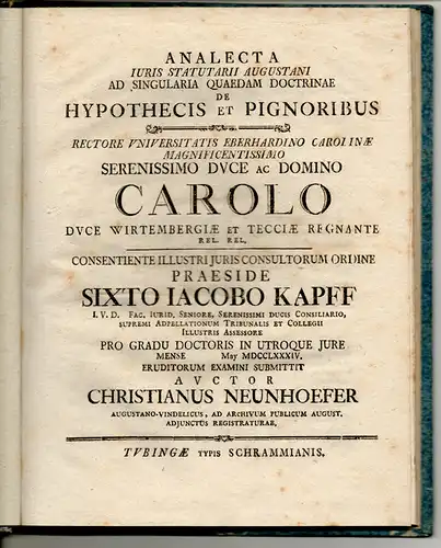 Neunhoefer, Christian: Juristische Disputation. De hypothecis et pignoribus. 