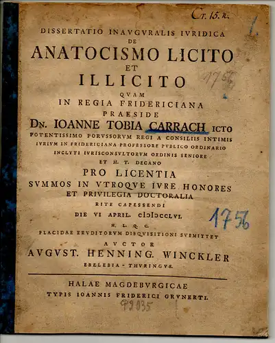 Winckler, August Henning: aus Ebeleben: Juristische Inaugural-Dissertation. De anatocismo licito et illicito. 