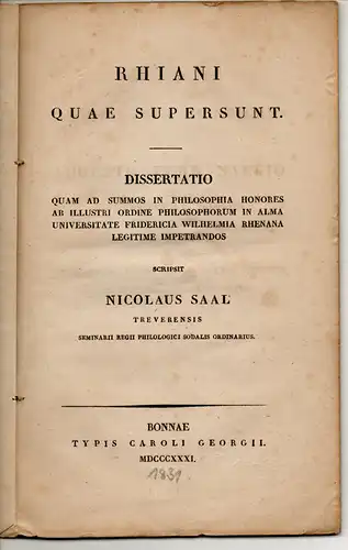 Saal, Nicolaus: Rhiani quae supersunt. Dissertation. 