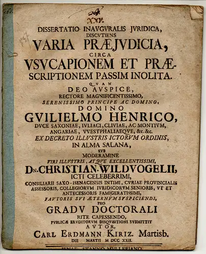 Kiriz, Carl Erdmann: aus Merseburg: Juristische Inaugural-Dissertation. Varia praeiudicia circa usucapionem et praescriptionem passim inolita. 