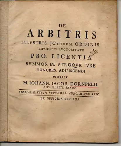 Dornfeld, Johann Jacob: Juristische Disputation. De arbitris. 