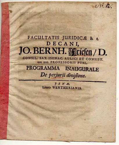 Friese, Johann Bernhard: De periurii divisione. Promotionsankündigung von Johannnes Stephan Welcker. 