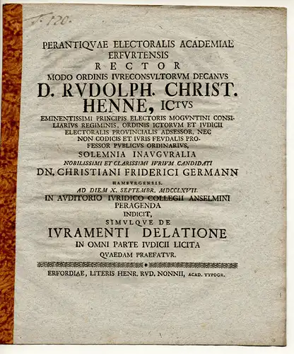 Henne, Rudolph Christoph: De iuramenti delatione in omni parte iudicii licita. Promotionsankündigung von Christian Friedrich Germann aus Hamburg. 