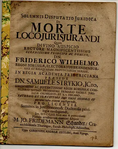 Schneider, Johann Friedemann: aus Kranichfeld: Juristische Disputation. De morte loco iurisiurandi. 