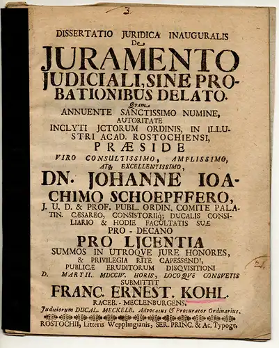 Kohl, Franz Ernst: aus Ratzeburg: Juristische Inaugural-Dissertation. De iuramento iudiciali, sine probationibus delato. 