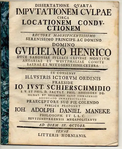 Maneke, Johann Adolph Daniel: aus Boizenburg: Juristische Dissertation quarta. De imputatione culpae circa locationem condictionem. 