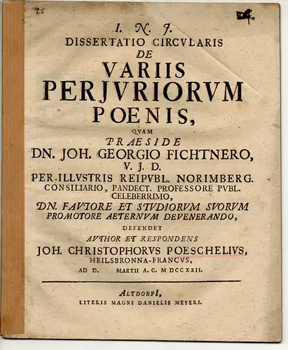 Poeschel, Johann Christoph: aus Heilsbronn: Juristische Dissertation. De variis periuriorum poenis. 