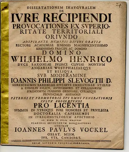 Vockel, Johann Paul: aus Oschatz: Juristische Inaugural-Dissertation. De iure recipiendi provocationes ex superioritate territoriali oriundo. 