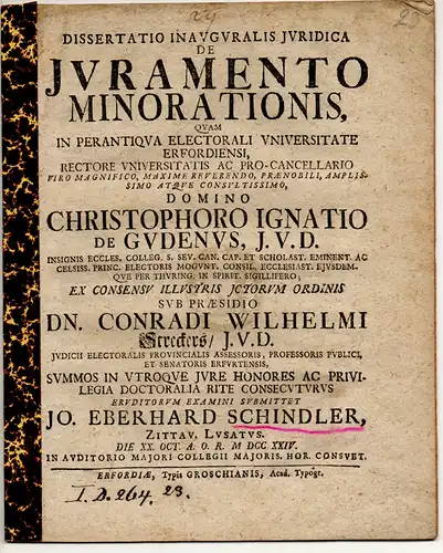 Schindler, Johann Eberhard: Zittau: Juristische Inaugural-Dissertation. De iuramento minorationis. 